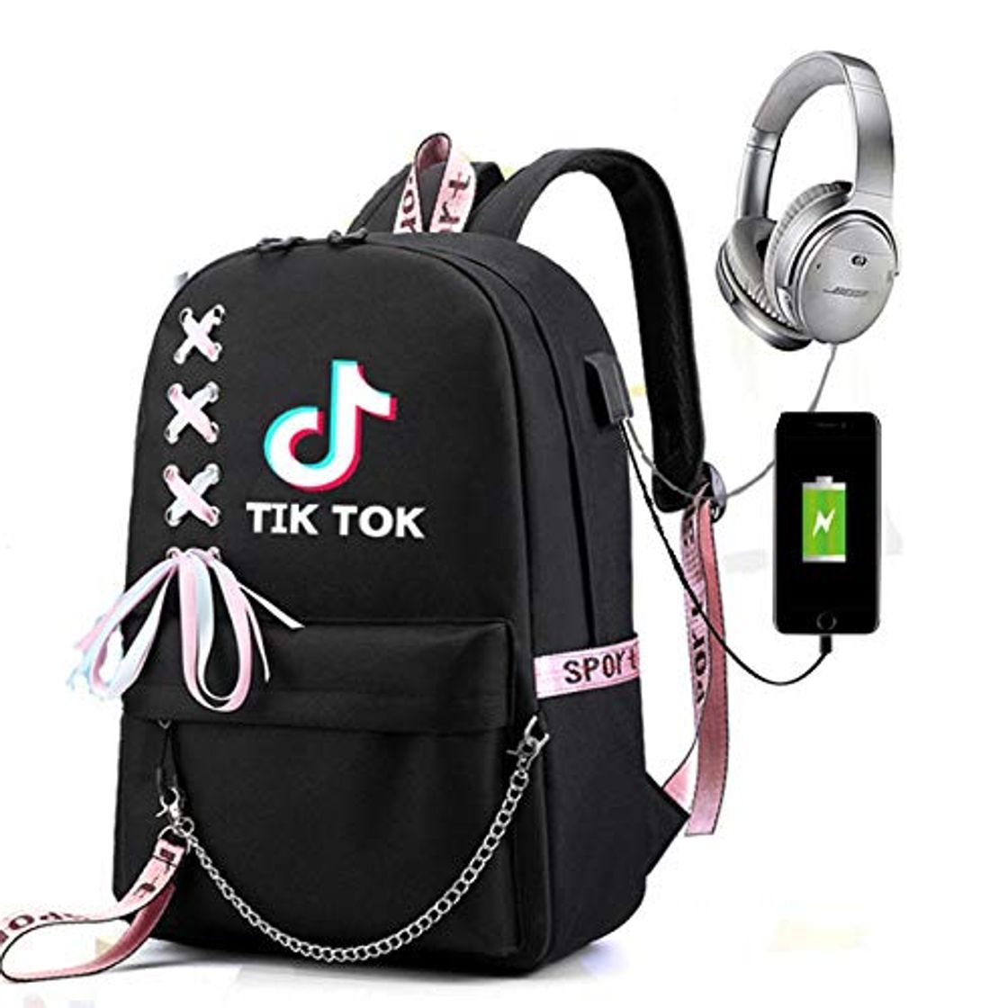 Fashion Mochila Tik Tok Boy and Girl, mochila com Carregamento USB