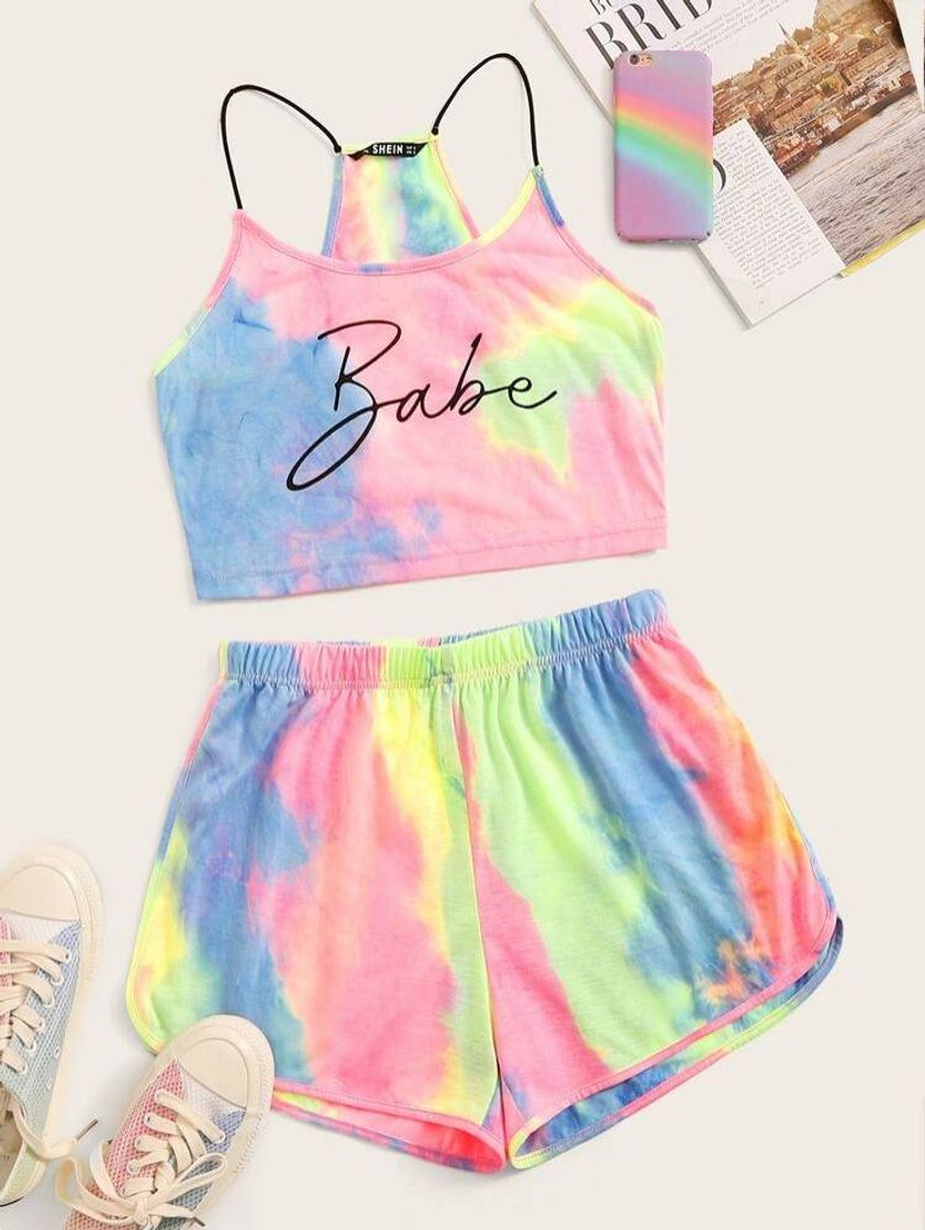 Social Tie Dye Letter Cami Top & Track Shorts Set | SHEIN Eur