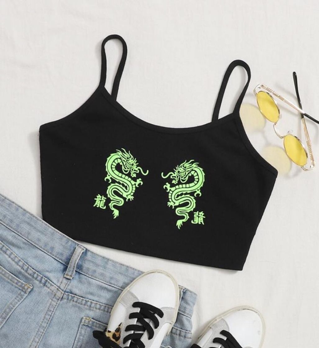 Moda SHEIN Cami Com Costura Em Malha Com Nervuras Dragon Graphic