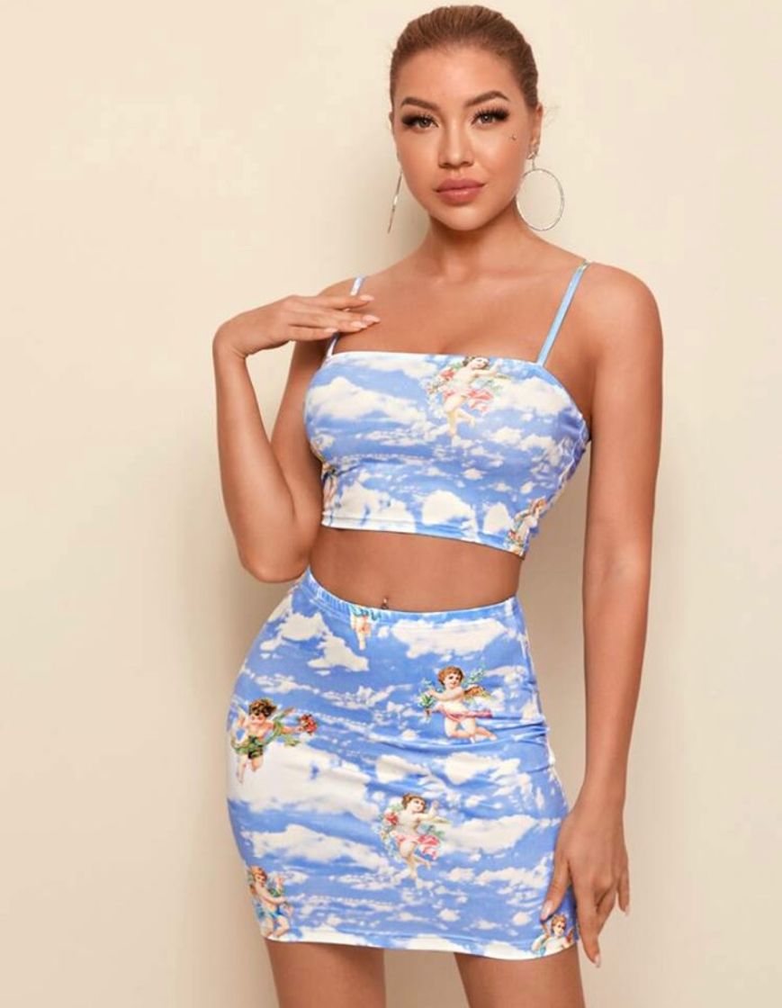 Social SHEIN Azul E Branco Figura Ocasional Roupa De 2pçs