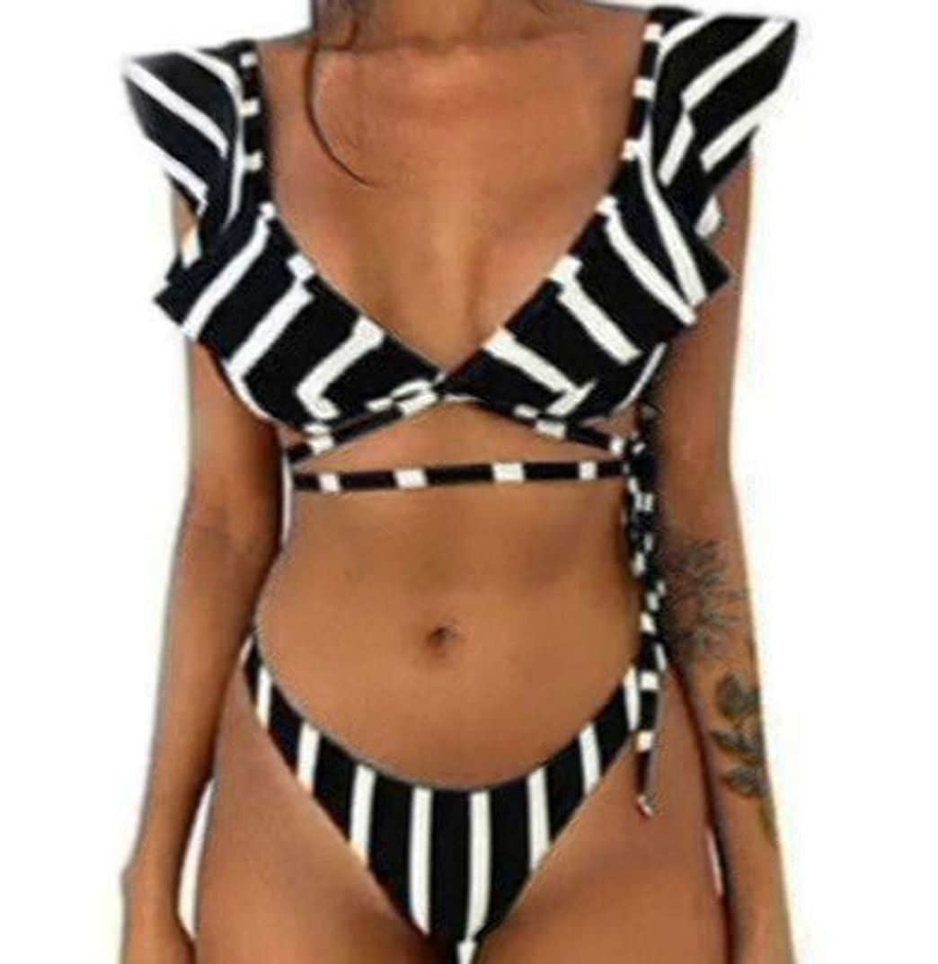 Social Bikini de Volantes Triangulo Push Up Mujer Trajes de Baño Flores de Dos Piezas Biquini Brasileño Rayas Vikini Bikinis Brasileña Señora Bañador Piscina Playa Mujeres Bañadores Natacion Blanco Negro M