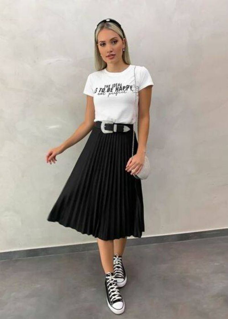 Fashion Look saia midi plissada