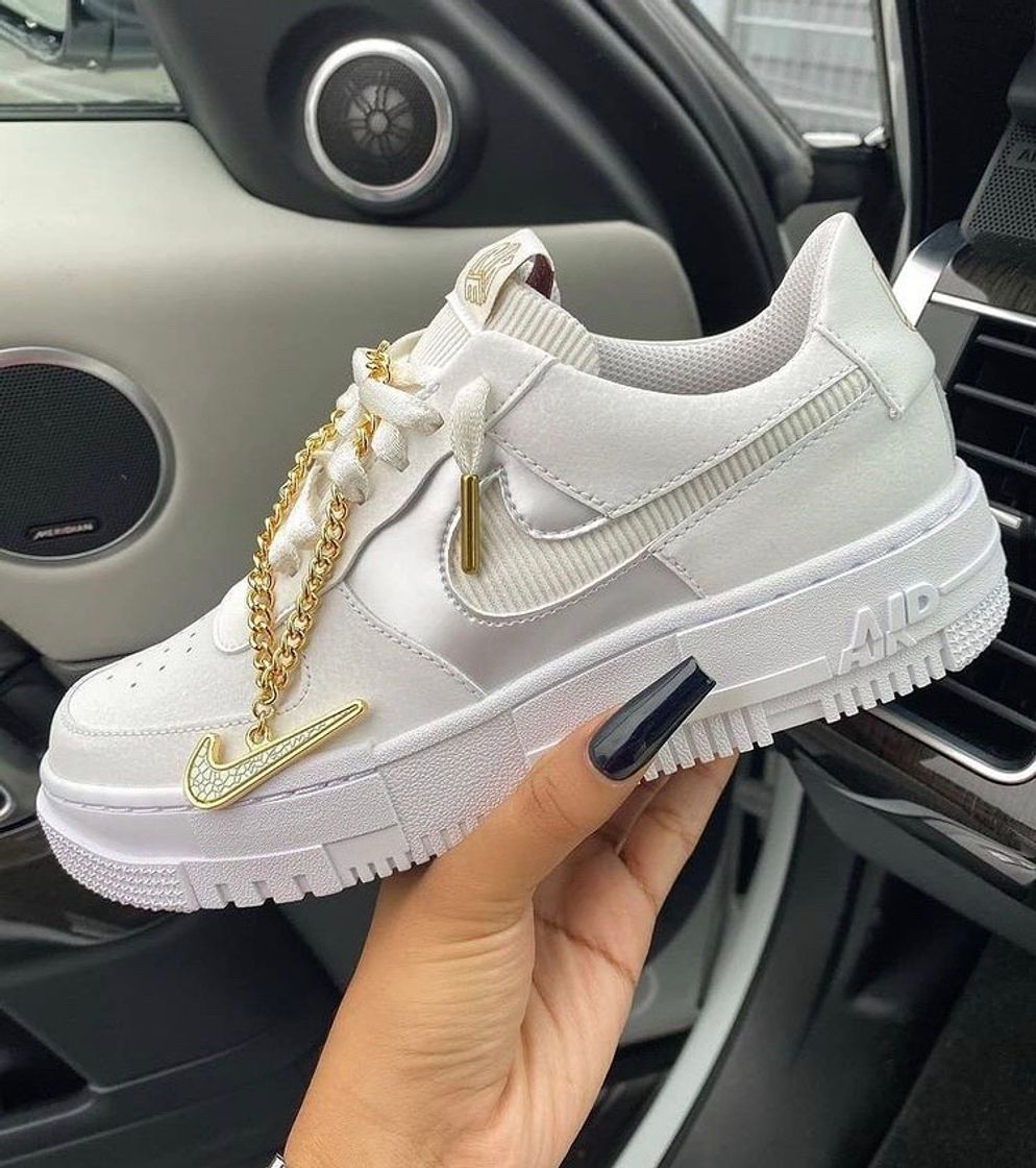 Fashion Nike Air Force 1 Pixel White Gold Chain