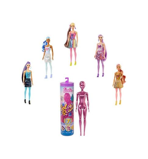 Barbie Color Reveal, muñeca sorpresa color metálico y brillo con accesorios de