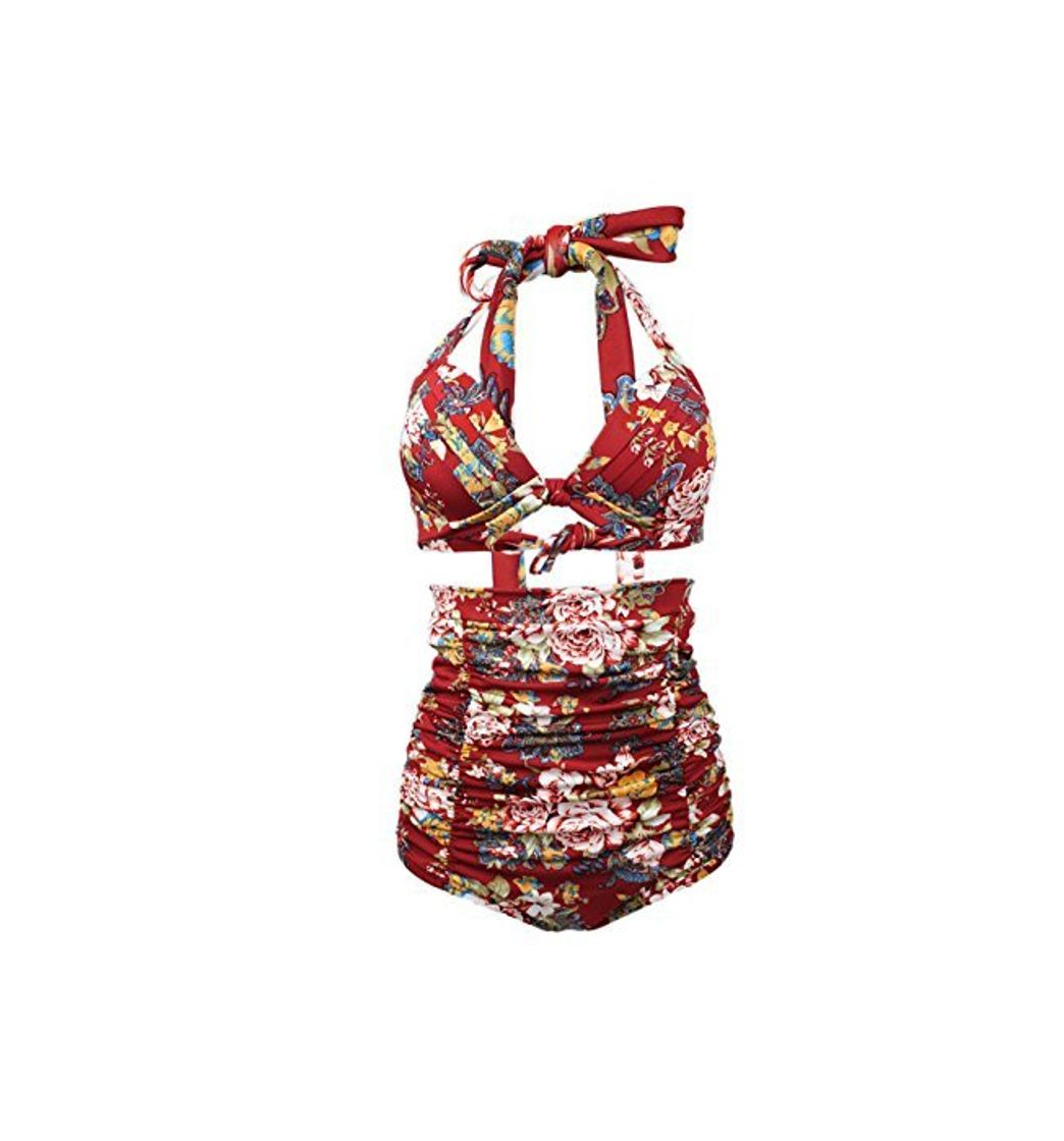 Fitness DealMux Mulheres Retro Ruched Hight Cintura Bikini Shirred Floral Halter Terno Vermelho US 4