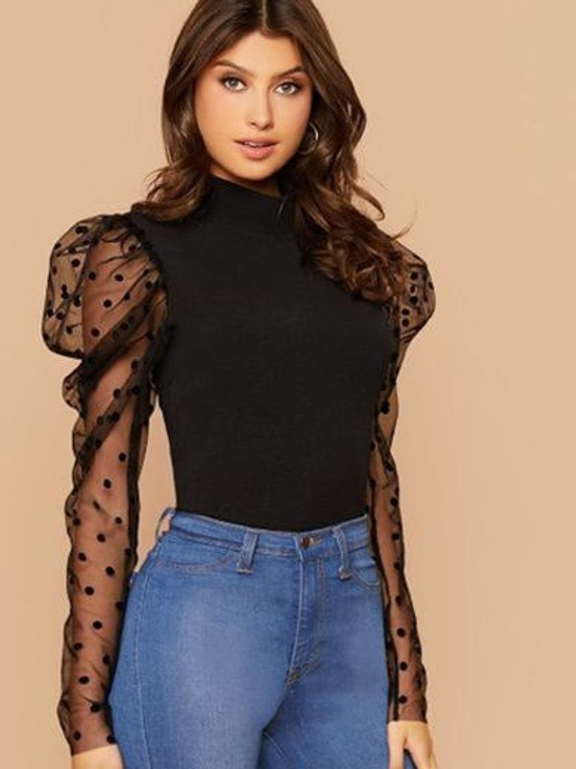 Social Top negro con mangas de malla con detalles