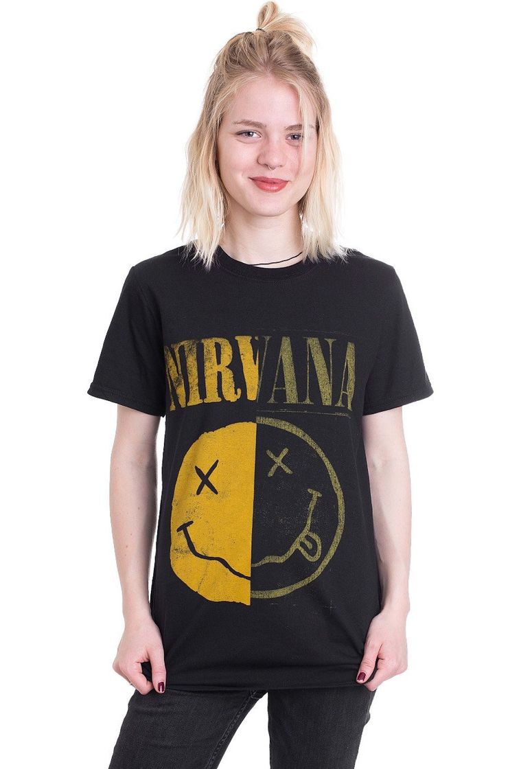 Moda Nirvana Spliced Smiley Camiseta Negro L