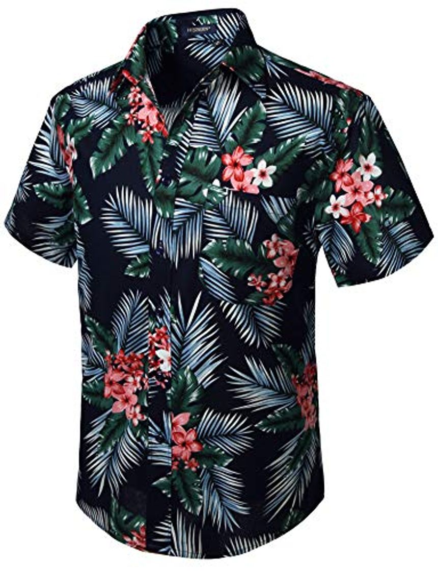 Social HISDERN Hombres Funky Hawaiian Floral Leaf Camisas Manga Corta Bolsillo Delantero Vacaciones Verano Aloha Impreso Playa Casual Azul Marino Rosa Hawaii Camisa de Flores