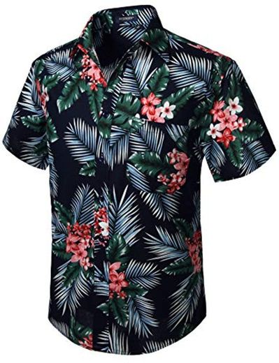 HISDERN Hombres Funky Hawaiian Floral Leaf Camisas Manga Corta Bolsillo Delantero Vacaciones Verano Aloha Impreso Playa Casual Azul Marino Rosa Hawaii Camisa de Flores