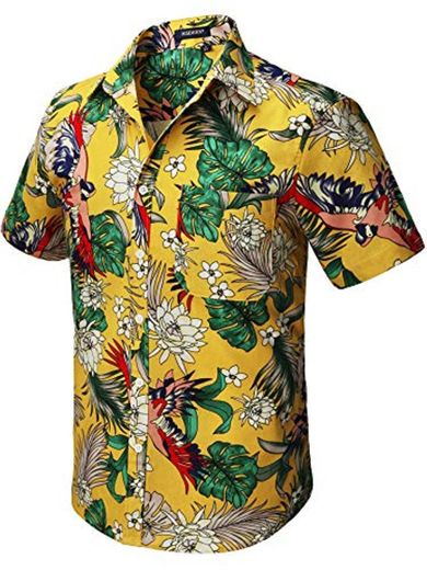 HISDERN Hombre Funky Hawaiian Floral Bird Camisas Manga Corta Bolsillo Delantero Vacaciones de Verano Aloha Impreso Playa Casual Amarillo Hawaii Camisa