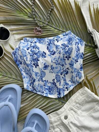 Social Top Tipo Corse Estampado Floreado Azul 
