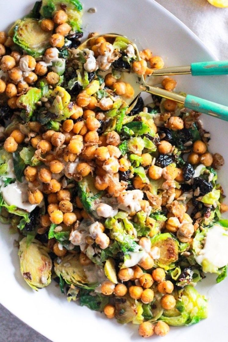 Social Shaved Brussels Sprouts Salad with Chickpeas and Lemon Tahini