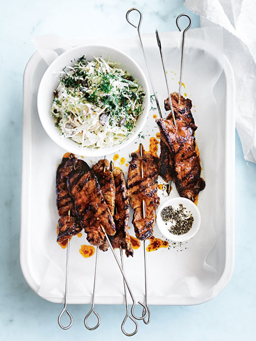 Social Harissa Beef Skewers With Tahini Slaw
