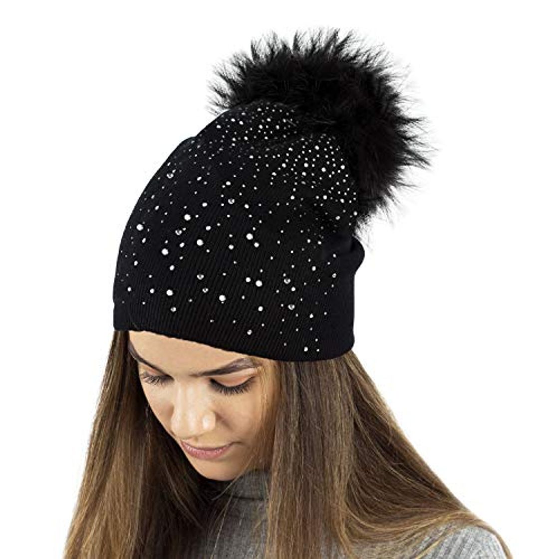 Moda TOSKATOK®Gorro de Punto Damas de Invierno con Apliques Glitter de Diamante y Pompones Grandes de Piel sintética