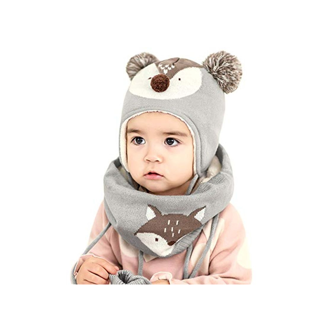 Moda DORRISO Linda Niños Sombrero y Bufanda Guantes Otoño Invierno Primavera Gorro Bebe Calentar Pequeña Zorro Gorro Bufanda Guantes Conjunto Sombrero de Niño Gris