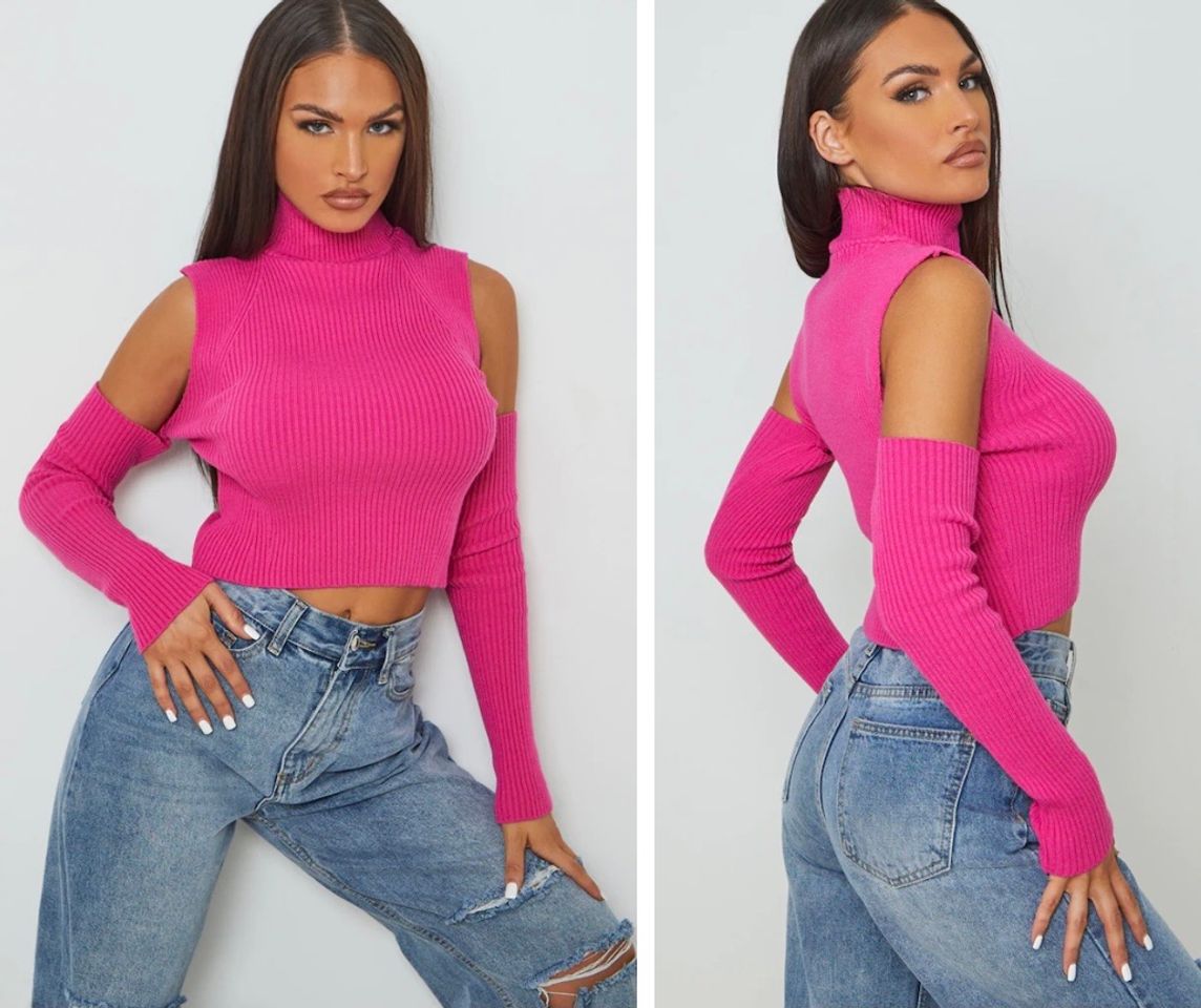 Fashion Hot Pink Ribbed Turtle Neck Cut Out Sleeve Crop Jumper