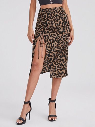 Drawstring Ruched Leopard Skirt 