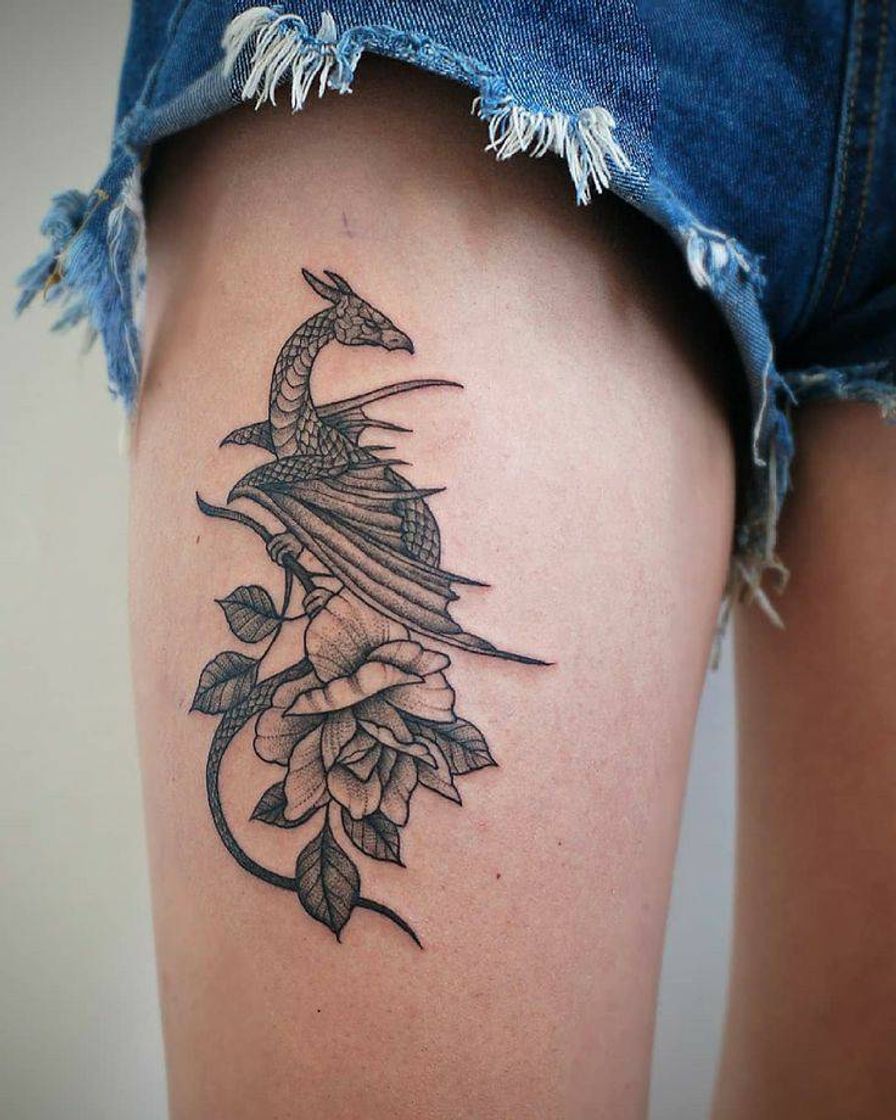 Tattoo dragon and flowers