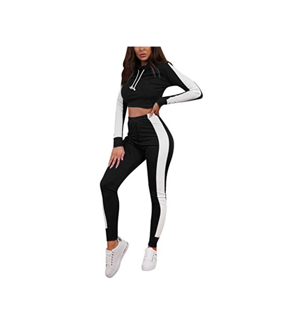 Fashion Minetom Mujeres Dos Piezas Chándal Conjunto de Ropa Deportivos Entrenamiento Fitness Yoga Sudadera con Capucha Crop Top y Pantalones Leggings Raya Lateral Negro ES 34