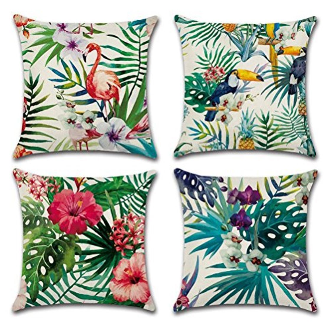 Product Gspirit 4 Pack Tropical Flamenco Flor Hojas Algodón Lino Throw Pillow Case