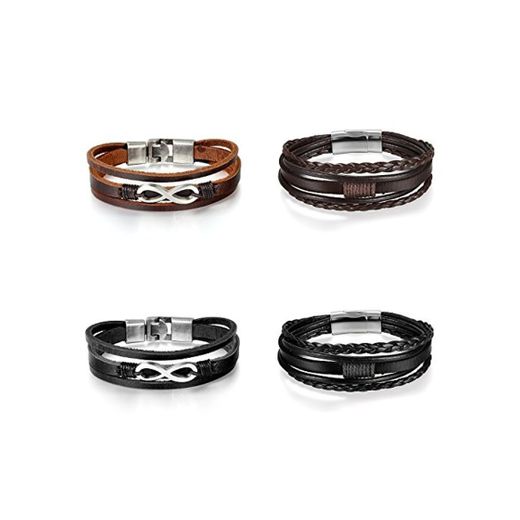 Pulseras Cuero Juego de 4 Pcs Pulsera Infinito Acero Inoxidable Brazalete Trenzado