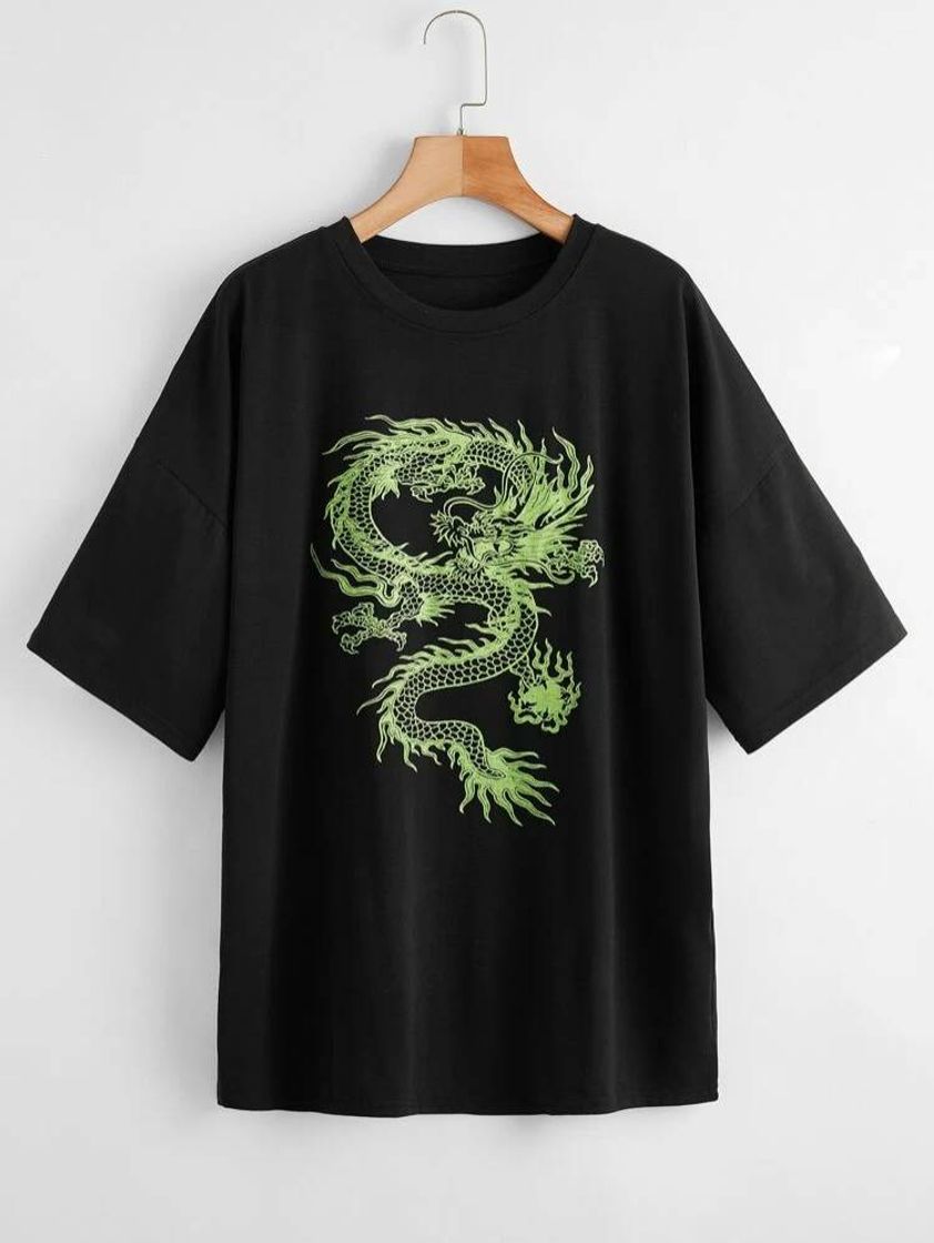 Fashion Dragon Print Drop Shoulder Oversized Tee