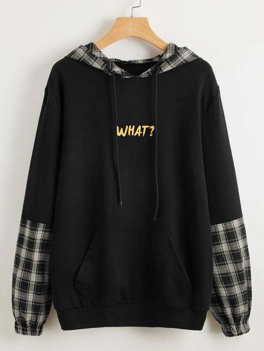 Fashion Contrast Plaid Letter Graphic Hoodie