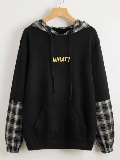 Contrast Plaid Letter Graphic Hoodie