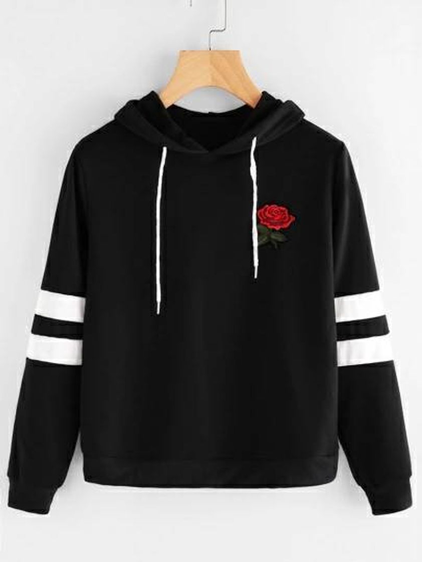 Moda Rose Patch Stripe Sleeve Hoodie

