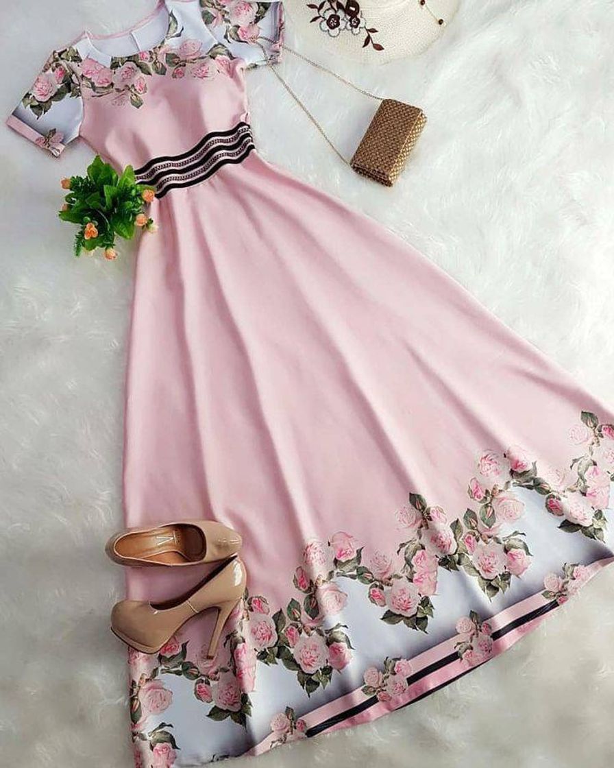 Moda Vestido Longo rosa com preto 💖🖤