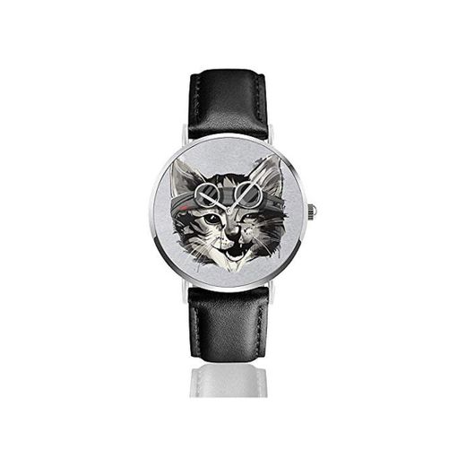 Unisex Catto Steampunk Cat Relojes Reloj de Cuero de Cuarzo con Correa de Cuero Negro