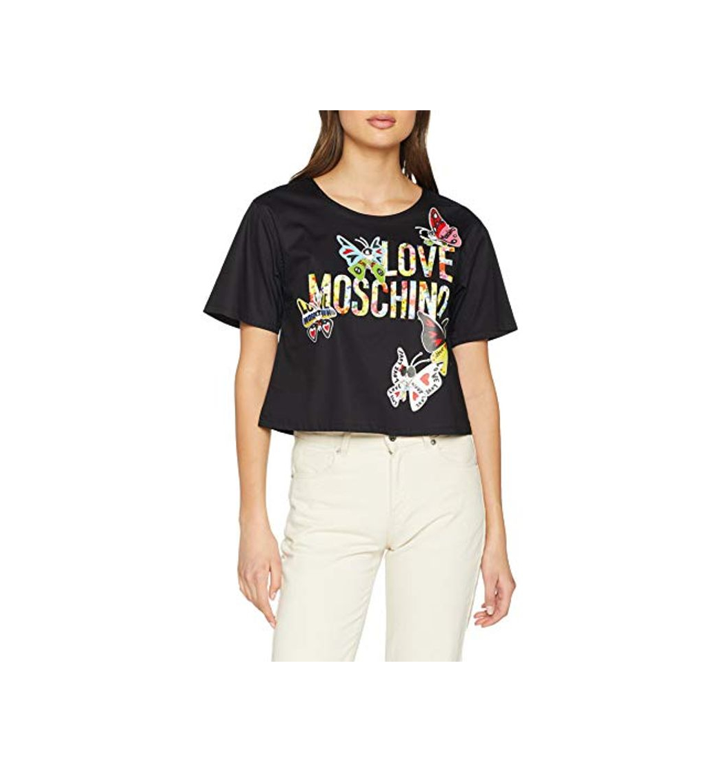 Moda Love Moschino Butterflies and Logo Short Sleeve Blouse Blusa, Negro