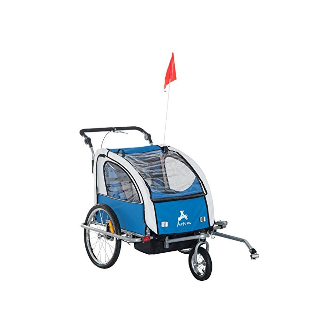 Social HOMCOM Remolque Infantil para Bicicleta 2 PLAZAS Rueda Giratoria 360° y Amortiguadores CON BARRA INCLUIDA Kit de Footing COLOR Azul