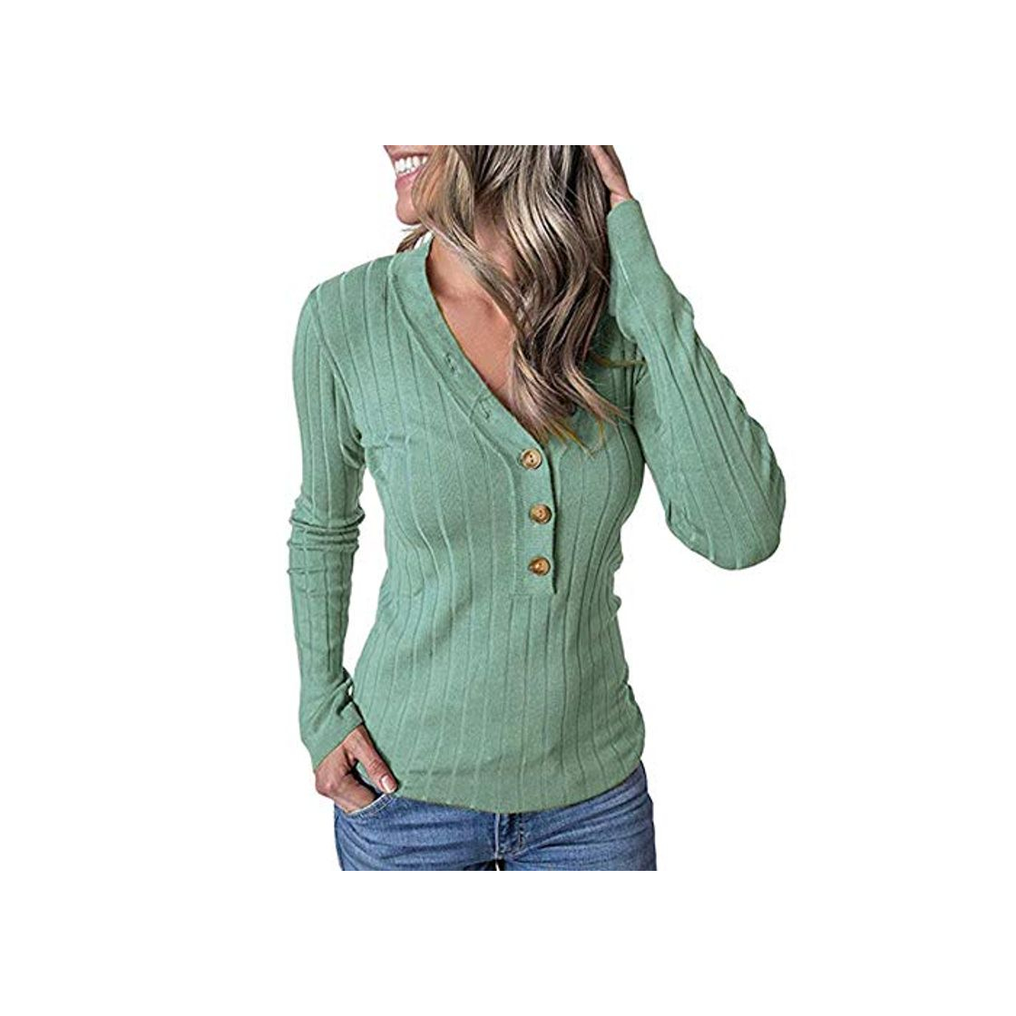 Fashion SPI suéteres femeninos para mujer Roupas Femininas color sólido base suéter cuello en V manga larga con botones acanalados sueltos Verde verde M