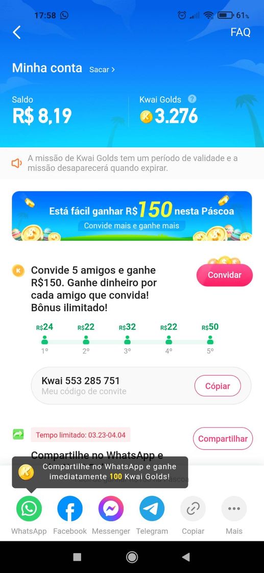 Ganhar dinheiro baixando o Kwai!https://m.kwai.app/s/0cIncPw