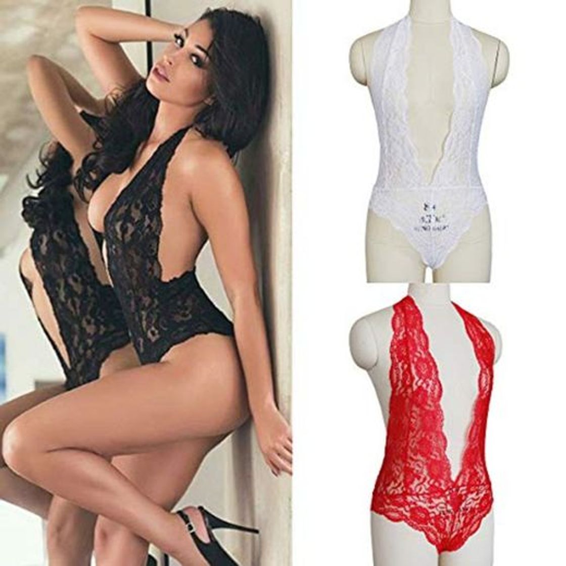 Fashion FAMKIT Lencería para mujer sexy de encaje Teddy de una sola pieza de langery Mini Babydoll profundo V ropa de dormir Halter ropa de dormir