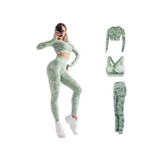 OUMAIG Yoga Mujer Fitness Conjunto Deportivo De 3 Piezas Para Mujer Tops Y Pantalones Sujetador Deportivo De Camuflaje Leggings Conjunto De Gimnasio Fitness Ropa Deportiva Traje De Entrenamiento Conj