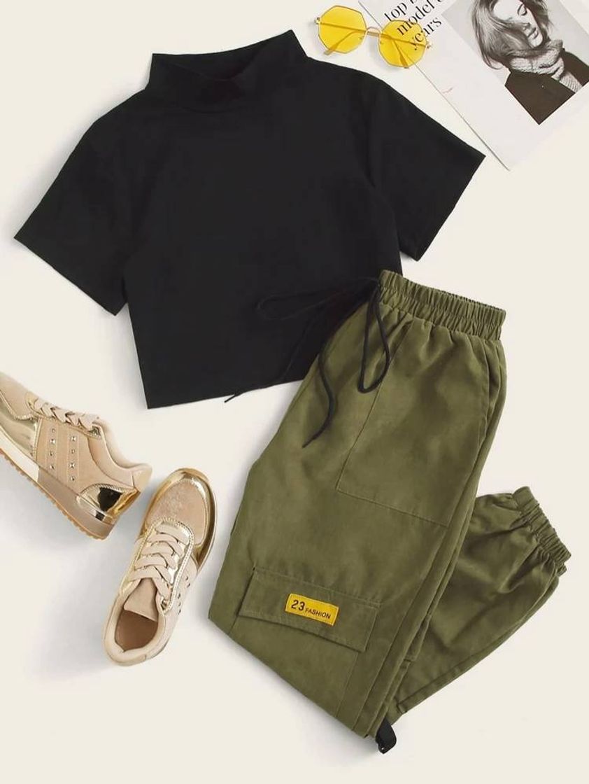 Moda Mock Neck Crop Top & Drawstring Cargo Joggers Set