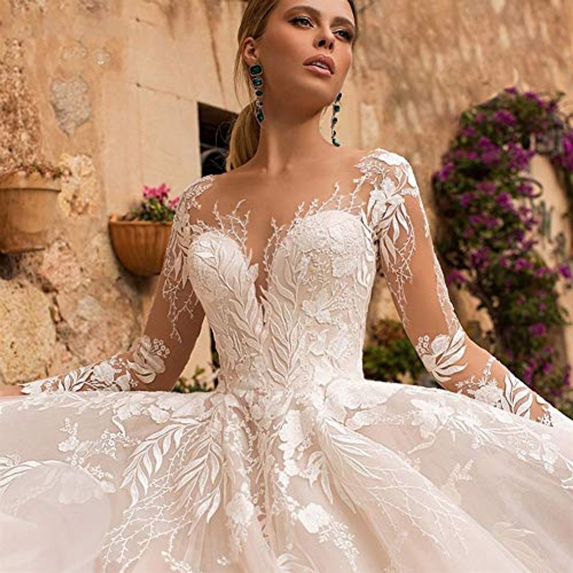 Moda KUANGQIANWEI Sexy cuello en V Apliques tul vestido de novia de la