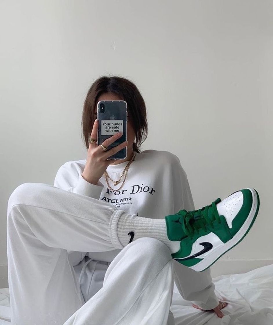 Moda Conjunto de moletom branco e Jordan verde 