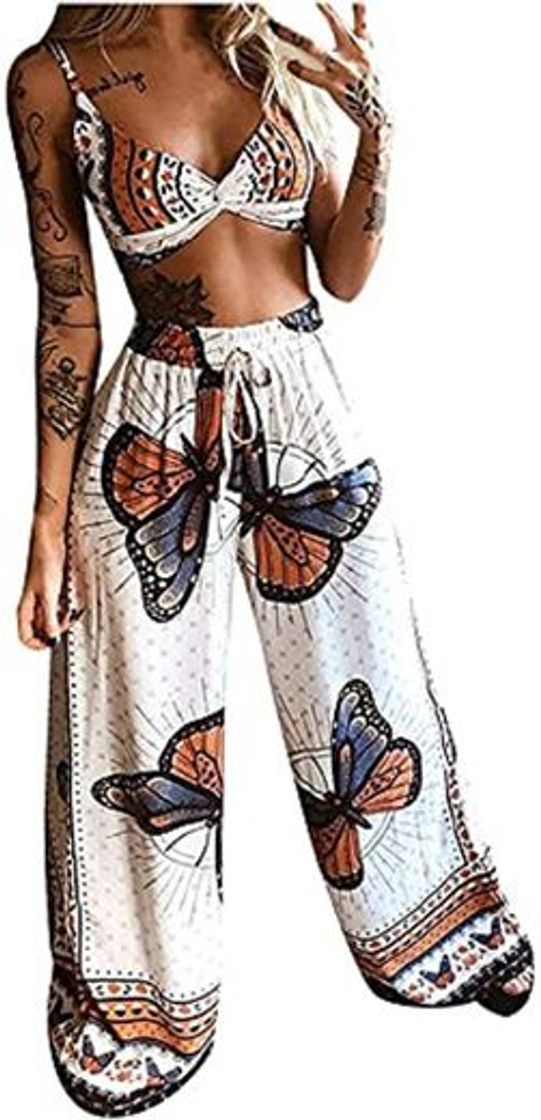 Fashion adshi Butterfly Graphic Print Crop Top & Wide Leg Pants Set,Women Boho