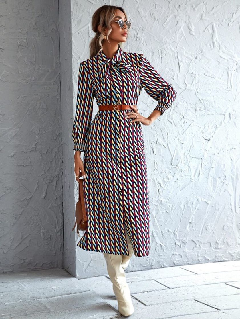 Moda Tie Neck Allover Print Shirt Dress Without Belted | SHEIN