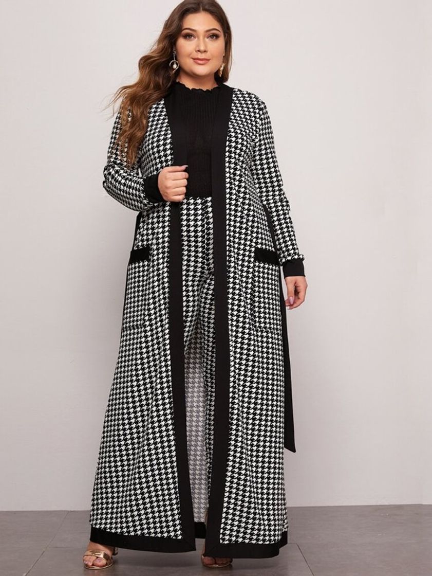 Moda Plus Patch Pocket Belted Houndstooth Coat & Leggings Set | SHEIN 