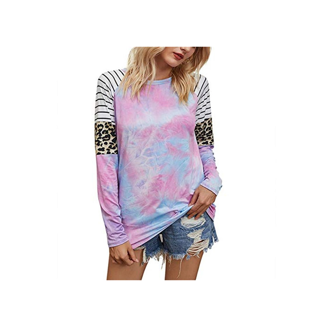 Social KCCCC Tops de Manga Larga para Mujer Señoras Ligeras Camiseta Suelta Blusa Bobe Top Tiele Tye Leopard Imprimir Camiseta Camiseta de Manga Larga para Mujer Sudadera Superior Camisetas de Senderismo