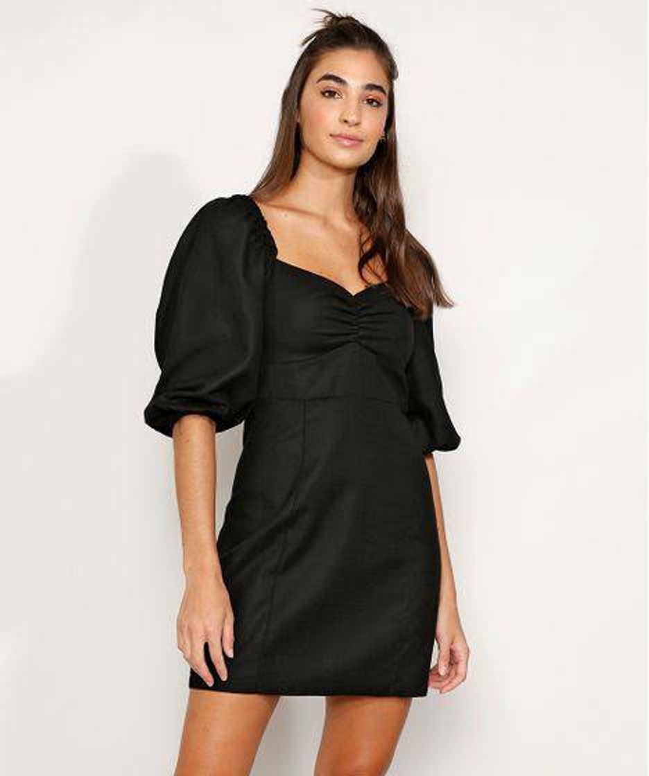 Fashion Vestido Feminino Curto com Franzido Manga Bufante Preto 