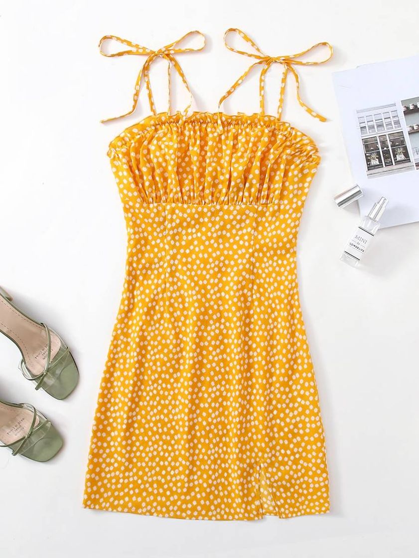 Fashion Vestido amarelo com bolinhas brancas 