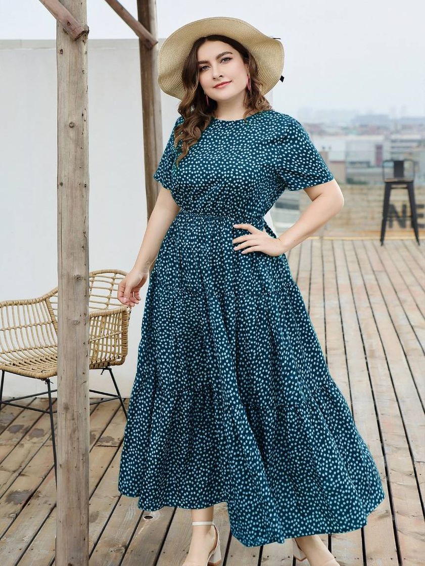 Moda Vestido verde-azulado com detalhes de florzinhas