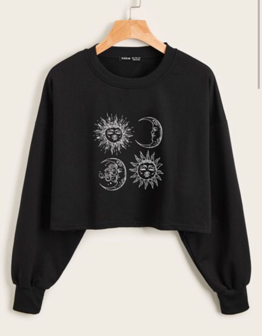 Social Sun And Moon Print Oversized Crop Pullover 