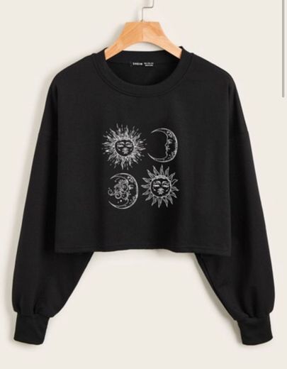 Sun And Moon Print Oversized Crop Pullover 