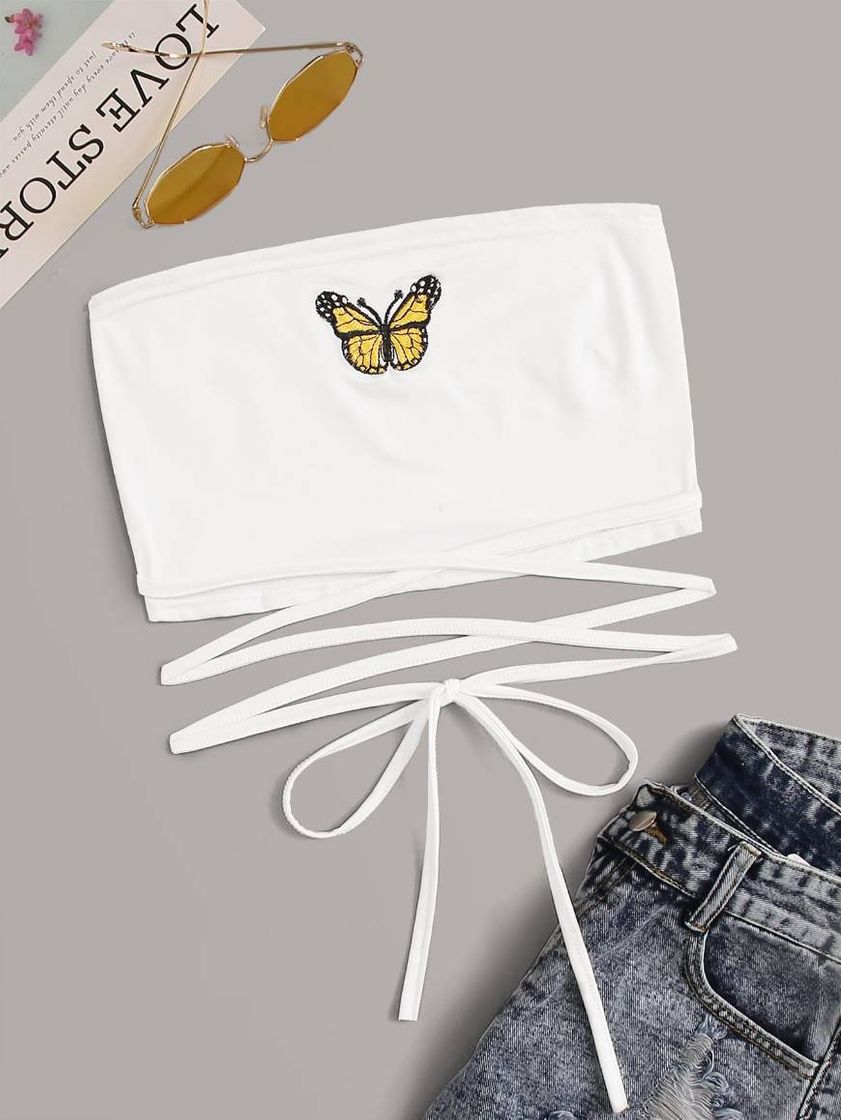 Moda Top tubo con tiras cruzadas con bordado de mariposa